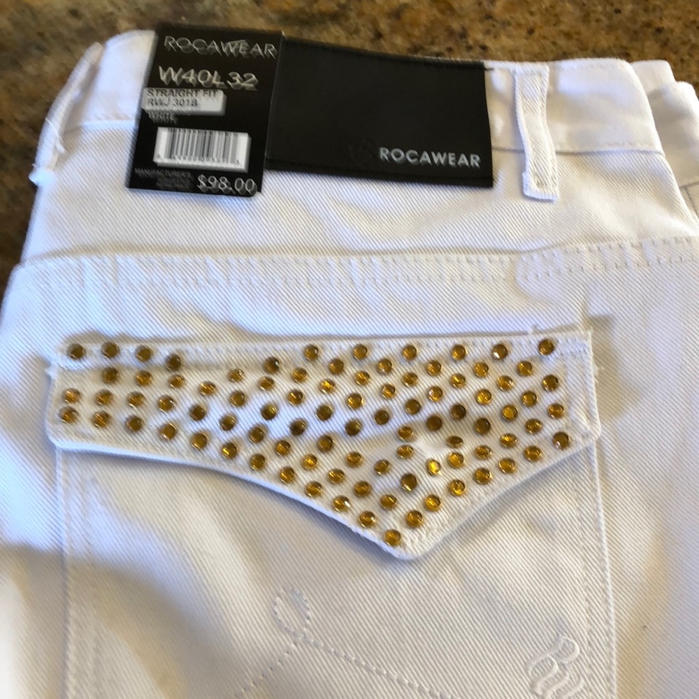 White denim w/ amber jeweled pockets-